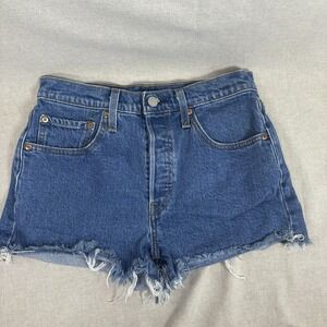 LEVI'S 501‎ Button Fly Denim Shorts 27 Blue Frayed Mid Rise Raw Hem Jean